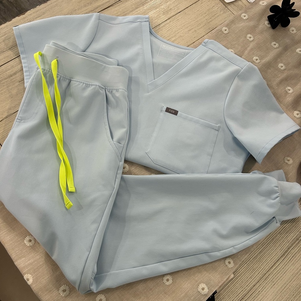 Sky Blue Figs Scrub Set with Neon Accents